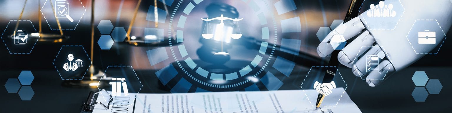 Ilustración de inteligencia artificial con un juez y un sello de regulación, representando la nueva normativa de IA en España.