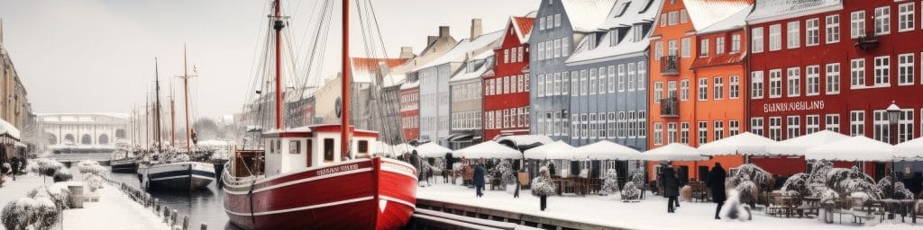 Barco rojo atracado en un puerto nevado de Finlandia, símbolo de sostenibilidad y coherencia en la forma de vivir y trabajar.