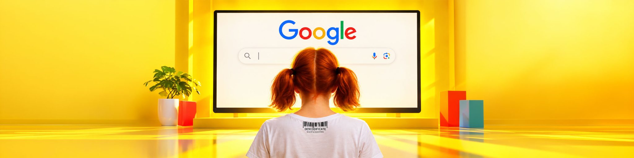 Marca y Marketing digital Mallorca 27 Mujer pelirroja de espaldas frente al buscador de Google, ilustrando la visibilidad de los negocios en Palma de Mallorca.