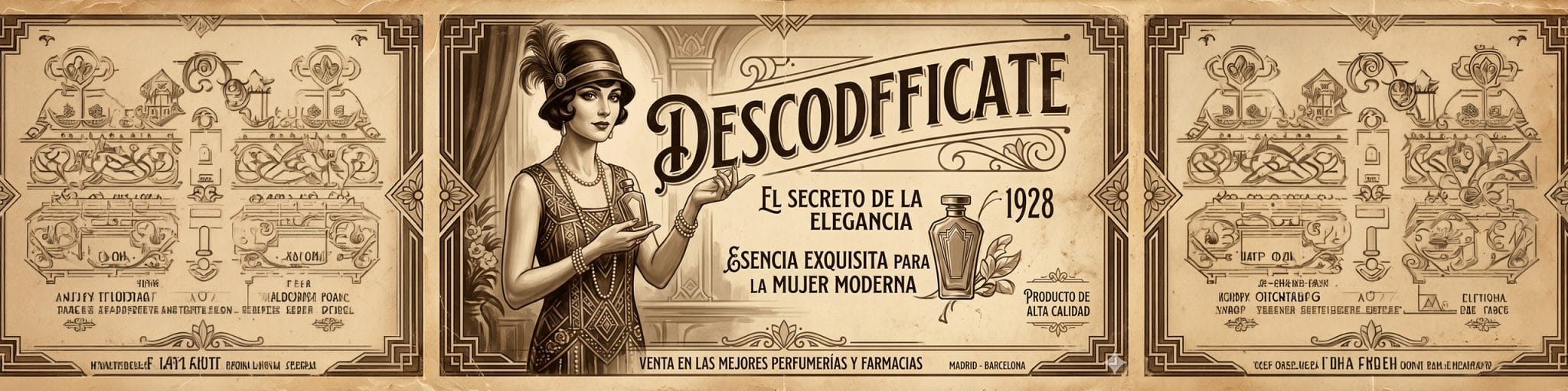 Publicidad estilo años 20 con mujer elegante recomendando Descodificate como ejemplo de influencers antes de la Guerra Civil