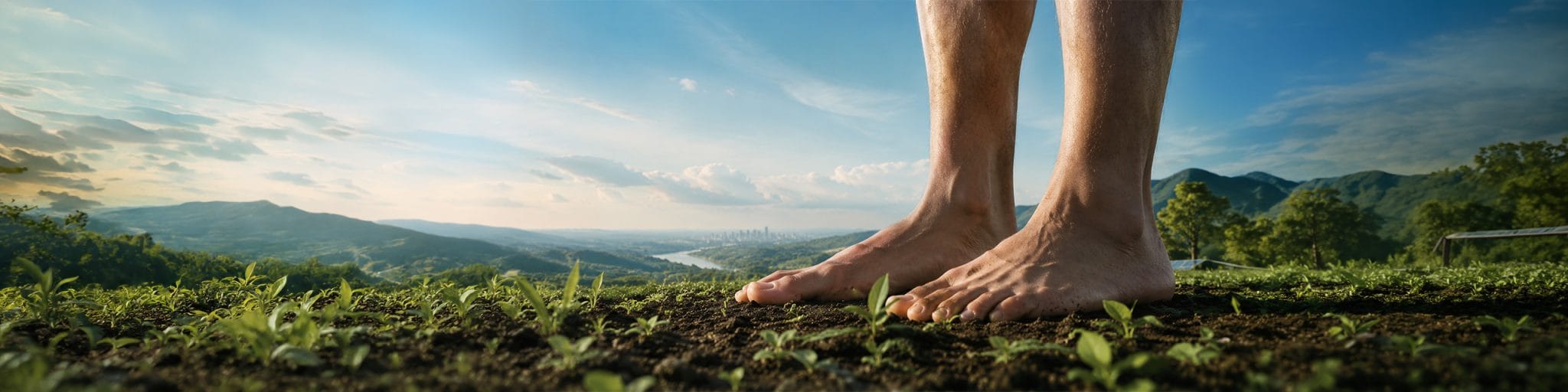 Pies descalzos sobre la tierra en un paisaje verde como concepto de sostenibilidad con los pies en la tierra para pymes y marcas responsables